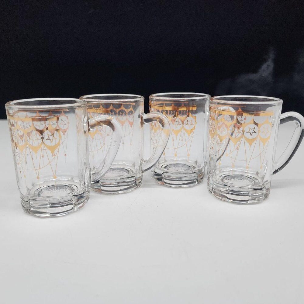 Vintage Turkish Pasabahce Gold Star Design Tea Coffee Cup Glass w Handles
